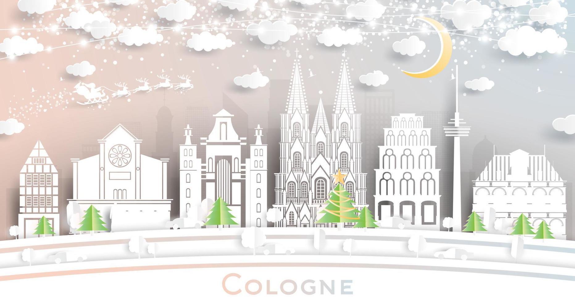 cologne Tyskland stad horisont i papper skära stil med snöflingor, måne och neon krans. vektor