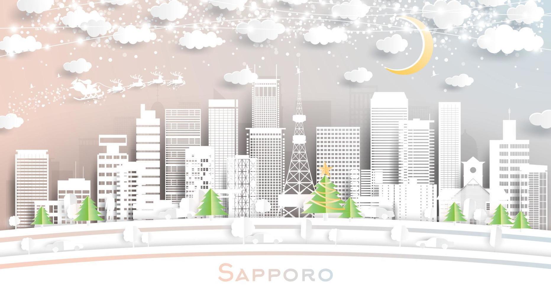 sapporo japan city skyline im papierschnittstil mit schneeflocken, mond und neongirlande. vektor