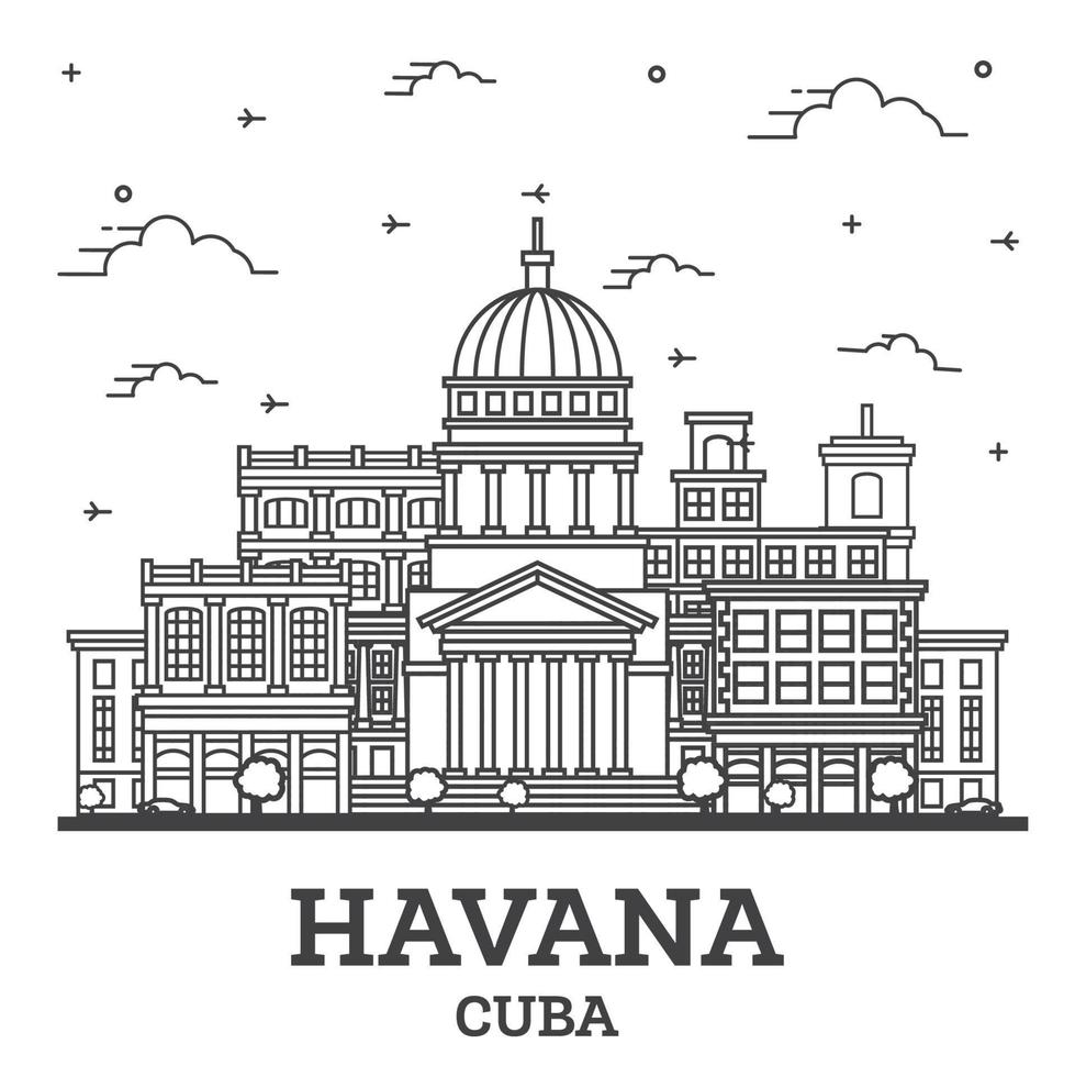 översikt havana kuba stad horisont med historisk byggnader isolerat på vit. vektor