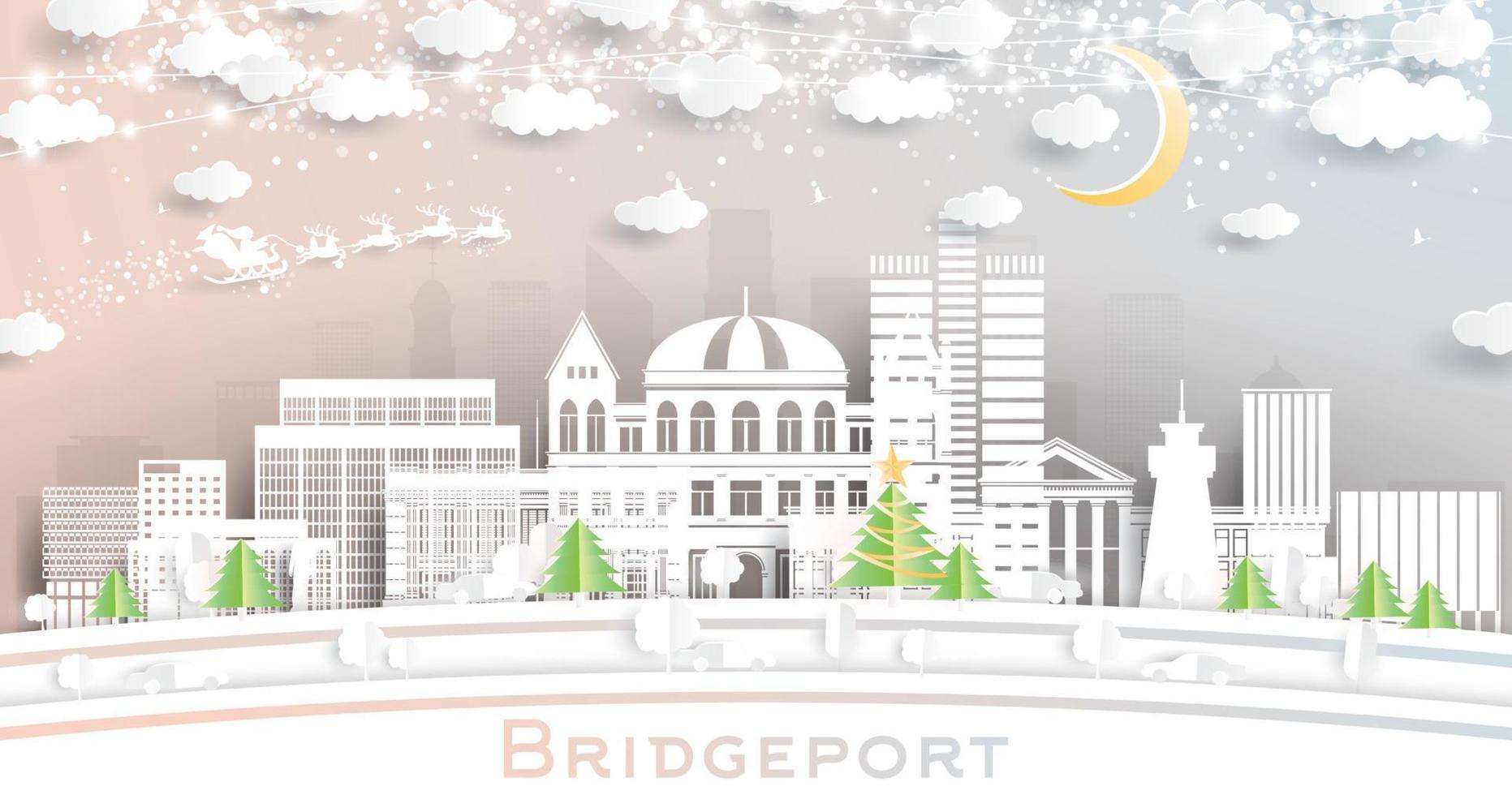 bridgeport connecticut stad horisont i papper skära stil med snöflingor, måne och neon krans. vektor