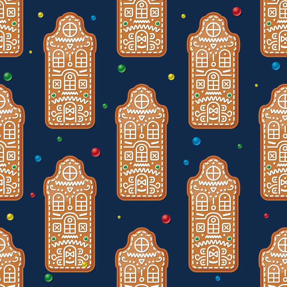 sömlös mönster med jul pepparkaka hus på blå. vektor illustration.