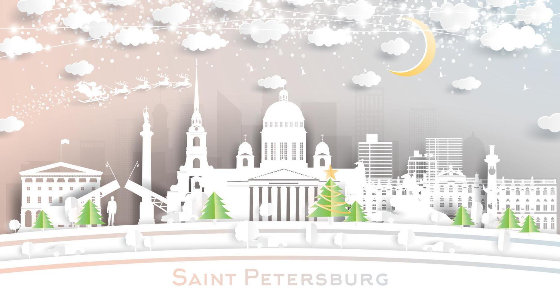 helgon petersburg ryssland stad horisont i papper skära stil med snöflingor, måne och neon krans. vektor