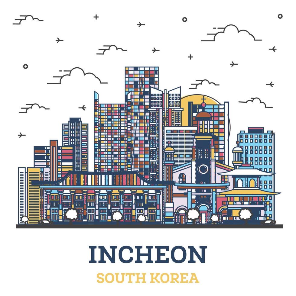 skizzieren sie die skyline von incheon südkorea mit farbigen modernen gebäuden, die auf weiß isoliert sind. vektor