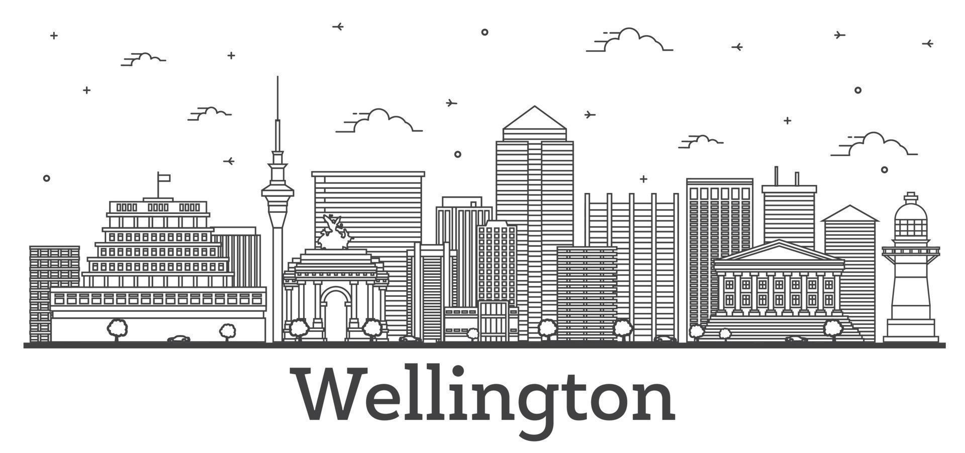 översikt wellington ny zealand stad horisont med modern och historisk byggnader isolerat på vit. vektor