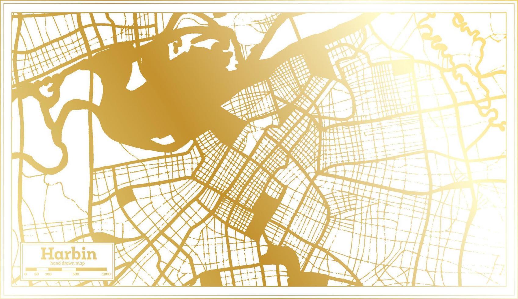 harbin Kina stad Karta i retro stil i gyllene Färg. översikt Karta. vektor