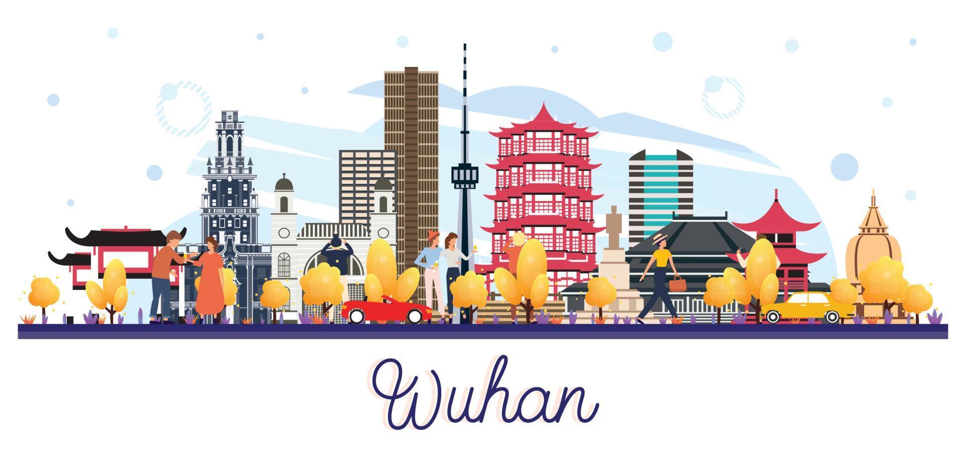 wuhan china city skyline mit farbigen gebäuden isoliert auf weiß. vektor