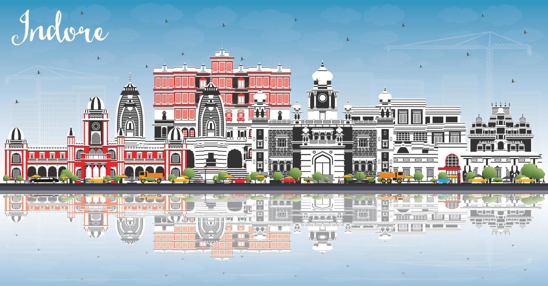indore Indien stad horisont med grå byggnader, blå himmel och reflektioner. vektor