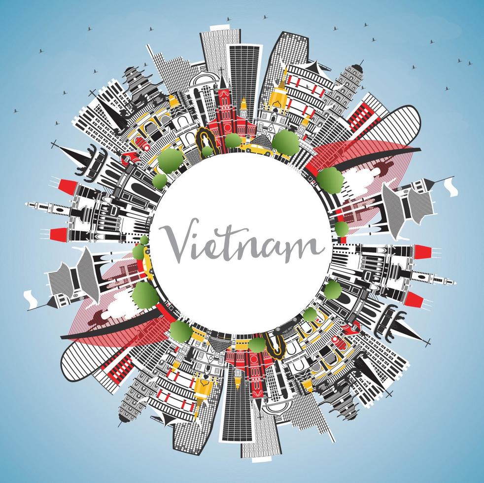 vietnam stad horisont med grå byggnader, blå himmel och kopia Plats. vektor