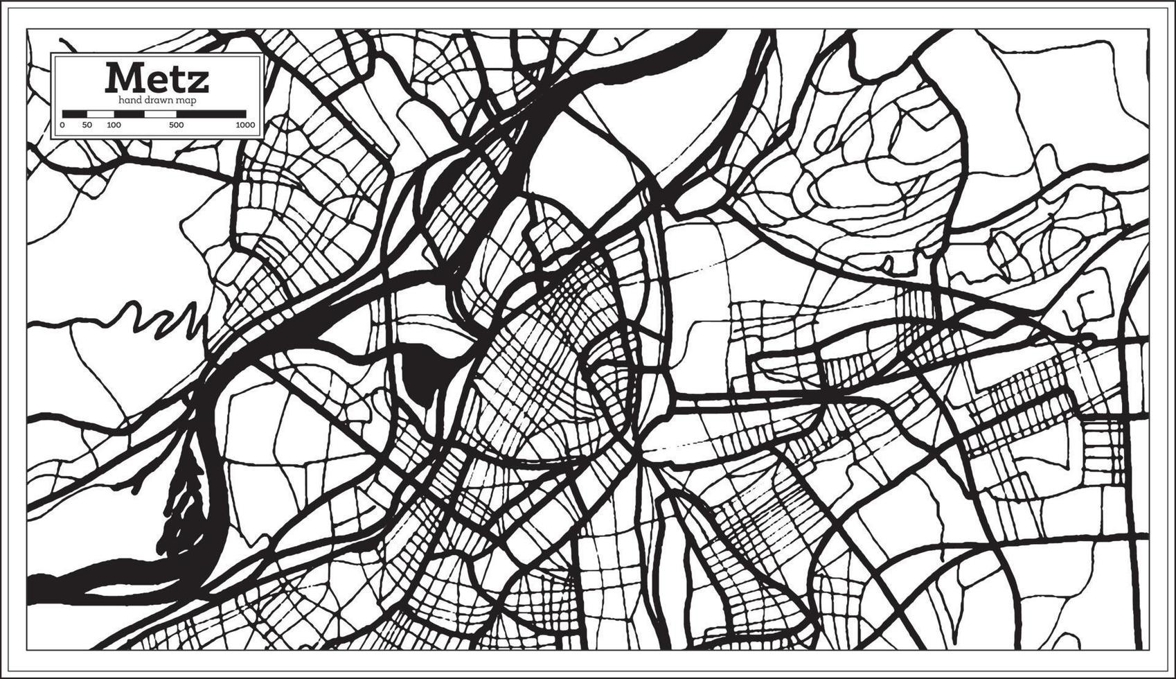 Metz Frankreich Stadtplan in schwarz-weißer Farbe im Retro-Stil. Übersichtskarte. vektor