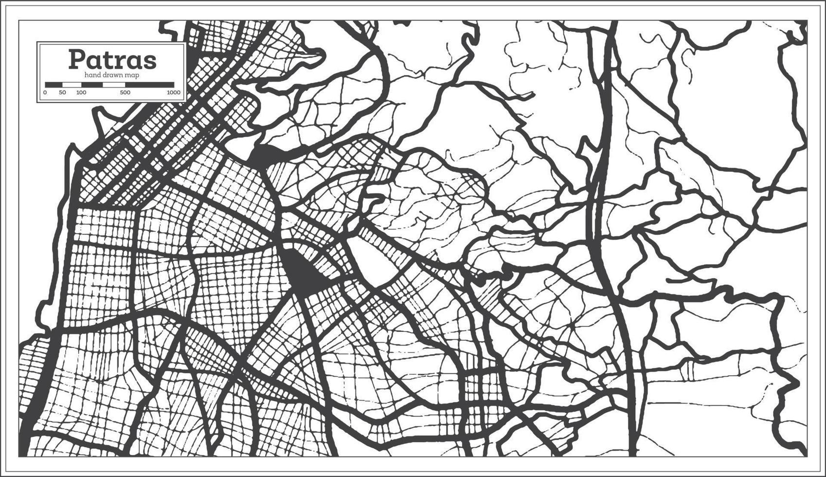 patras griechenland stadtplan in schwarz-weißer farbe im retro-stil. Übersichtskarte. vektor