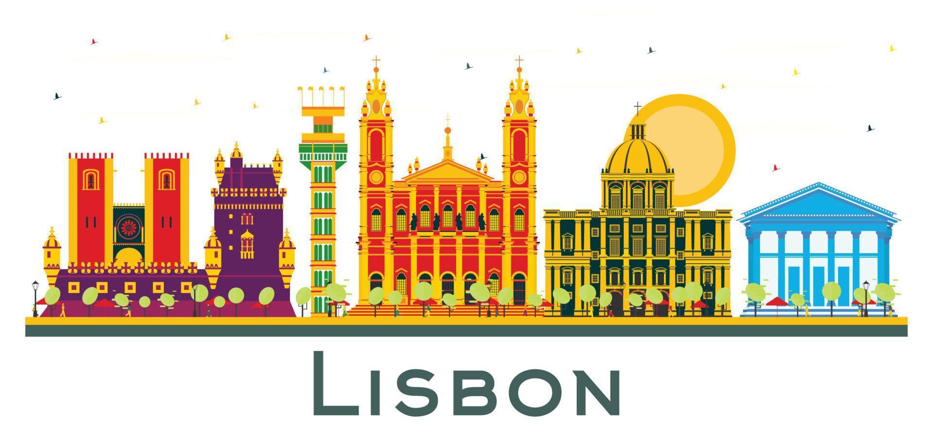 lissabon portugal city skyline mit farbigen gebäuden isoliert auf weiß. vektor