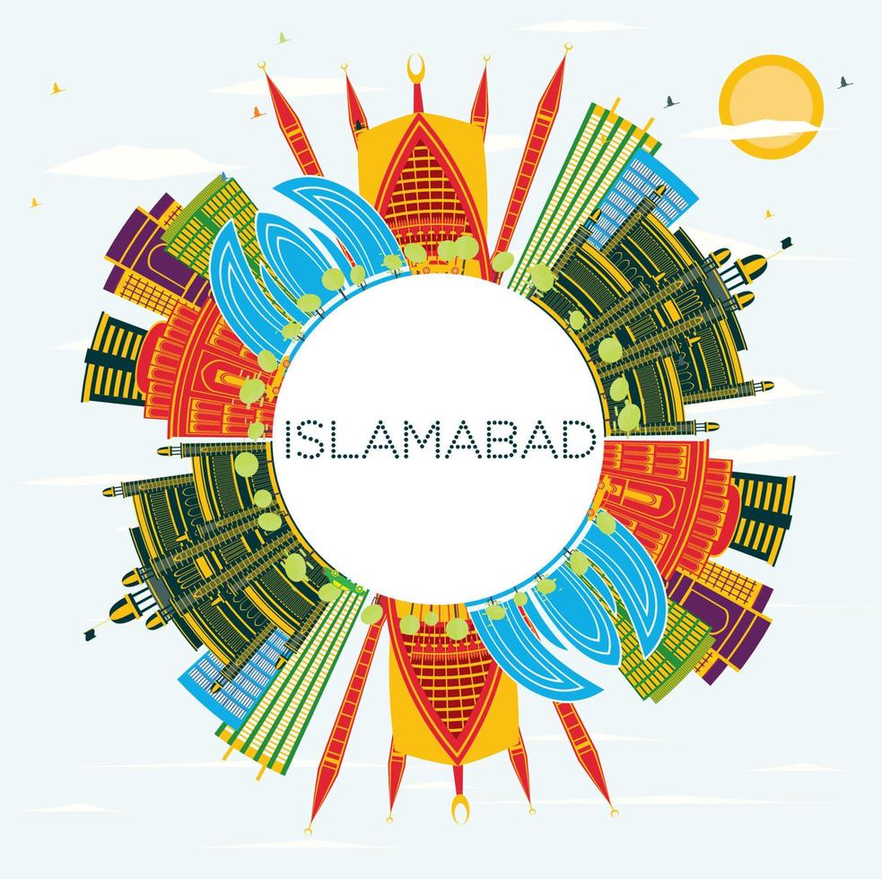 islamabad pakistan city skyline mit farbigen gebäuden, blauem himmel und kopierraum. vektor