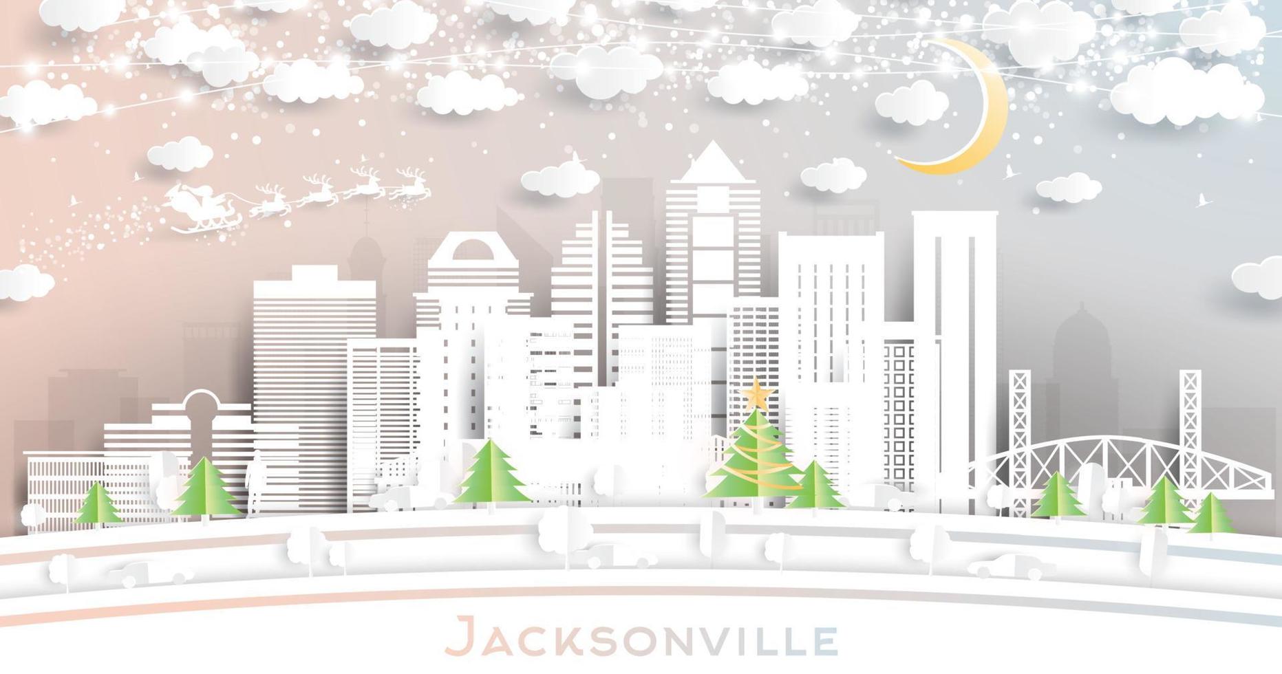jacksonville florida city skyline im papierschnittstil mit schneeflocken, mond und neongirlande. vektor