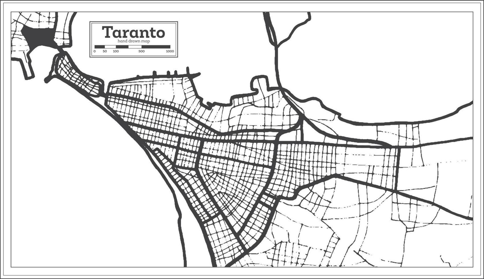 taranto italien stadtplan in schwarz-weißer farbe im retro-stil. Übersichtskarte. vektor