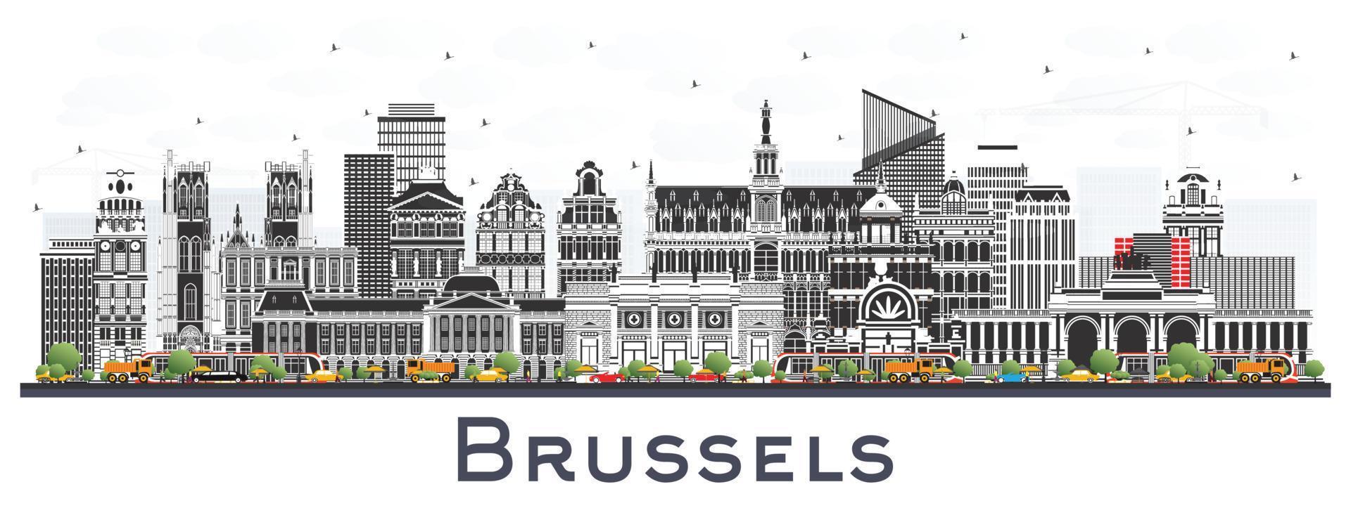 bryssel belgien stad horisont med Färg byggnader isolerat på vit. vektor