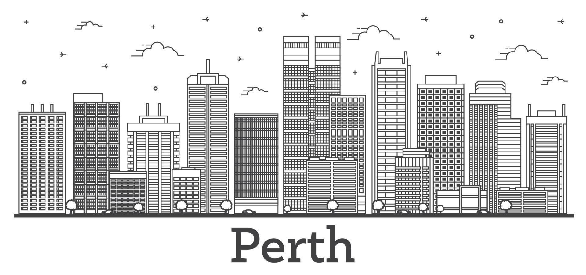 skizzieren sie die skyline der stadt perth australien mit modernen gebäuden, die auf weiß isoliert sind. vektor