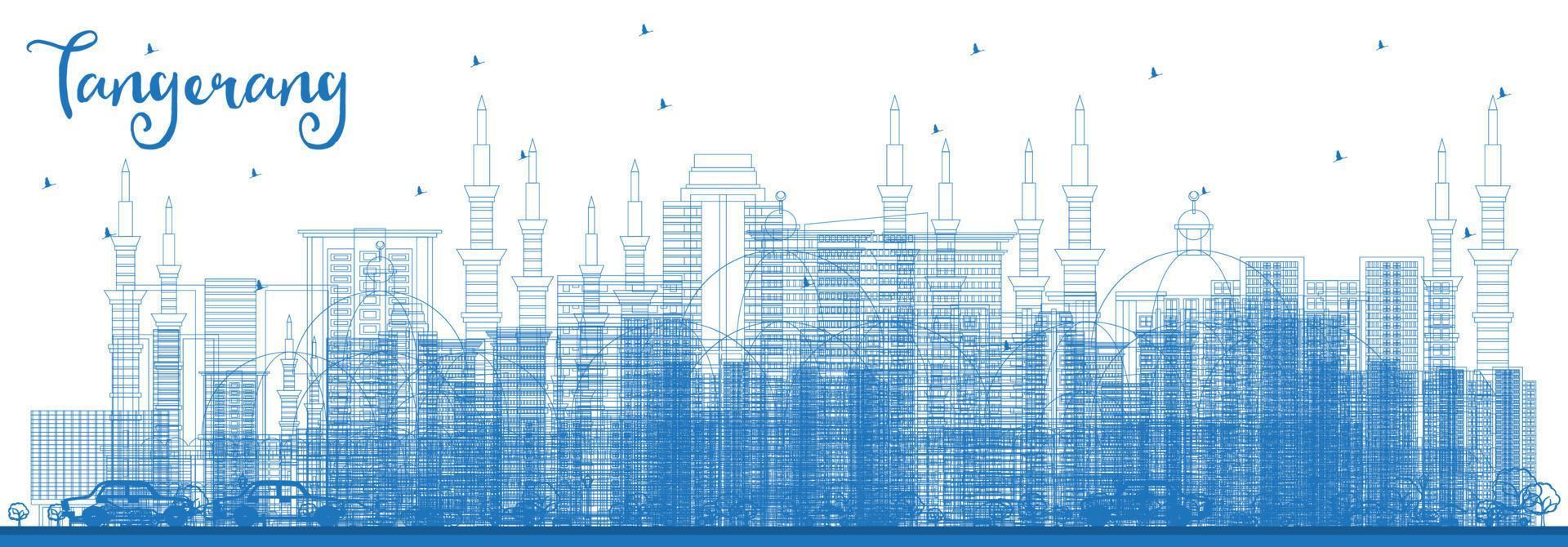översikt tangerang indonesien stad horisont med blå byggnader. vektor