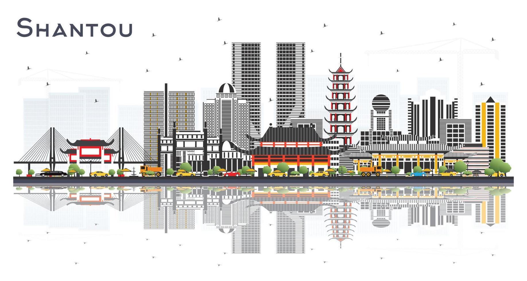 shantou china city skyline mit farbigen gebäuden und reflexionen isoliert auf weiß. vektor