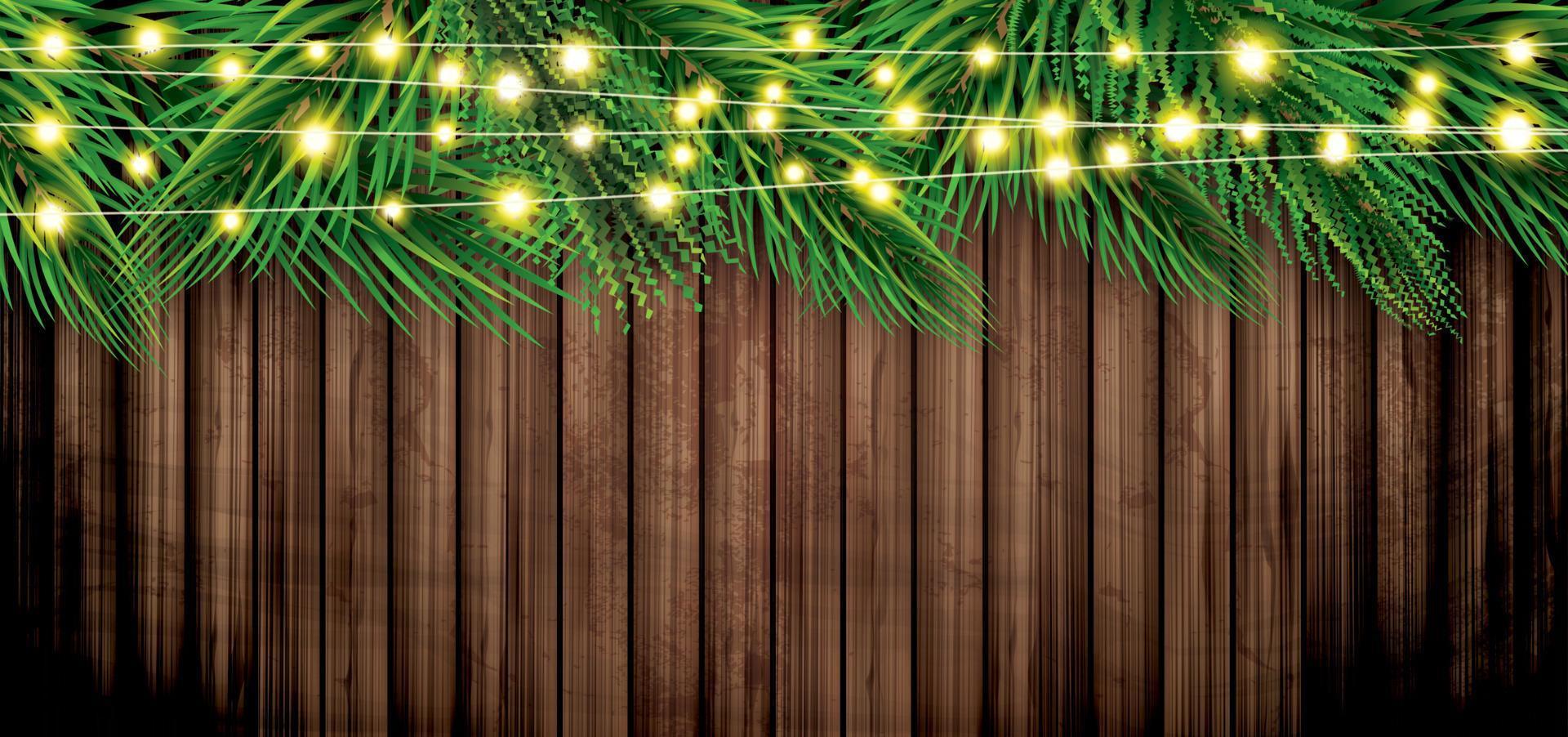 gran grenar med neon krans på trä- bakgrund. tall kvistar. jul och ny år dekoration. vektor