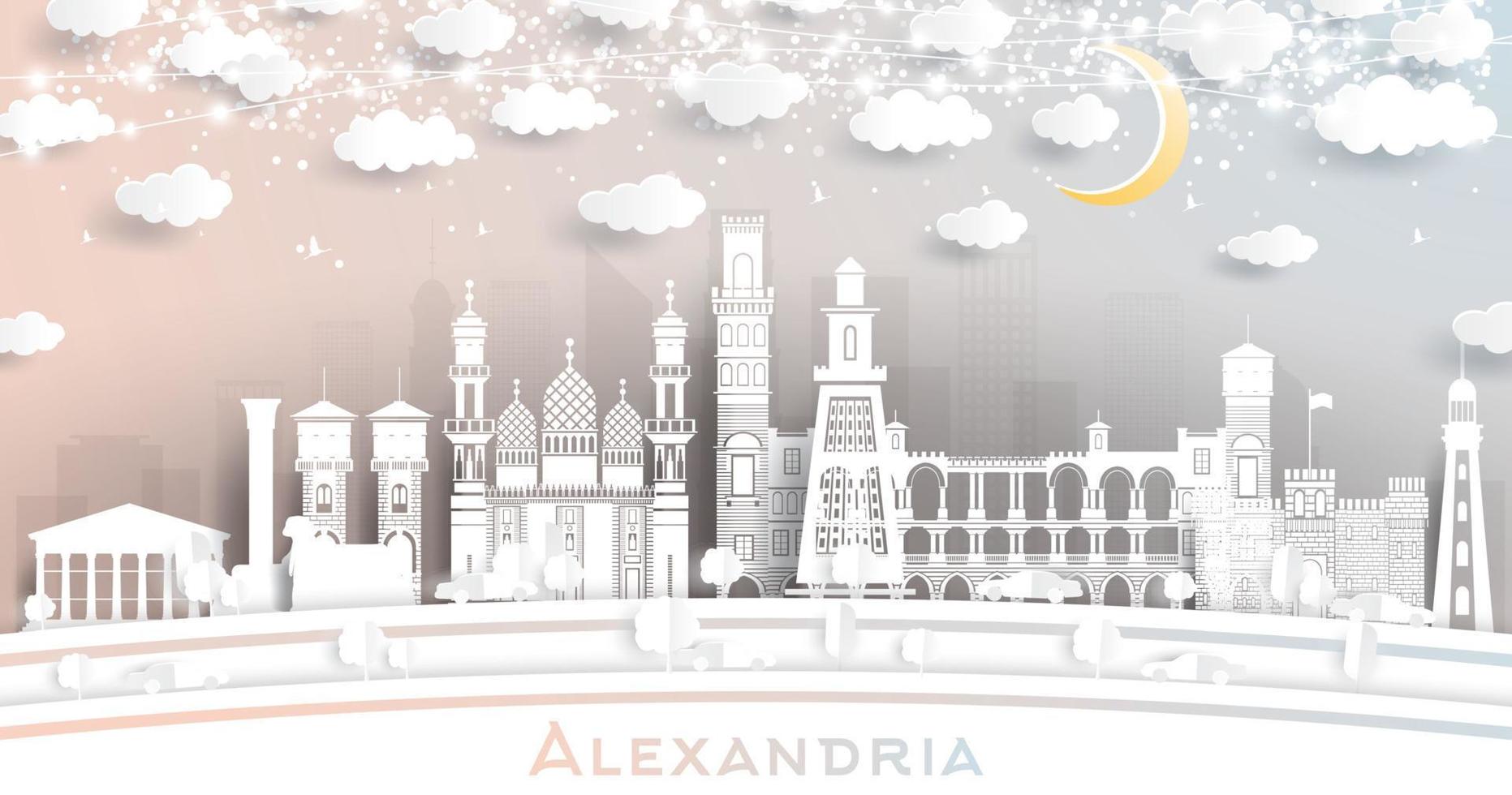 alexandria egypt city skyline im papierschnittstil mit weißen gebäuden, mond und neongirlande. vektor