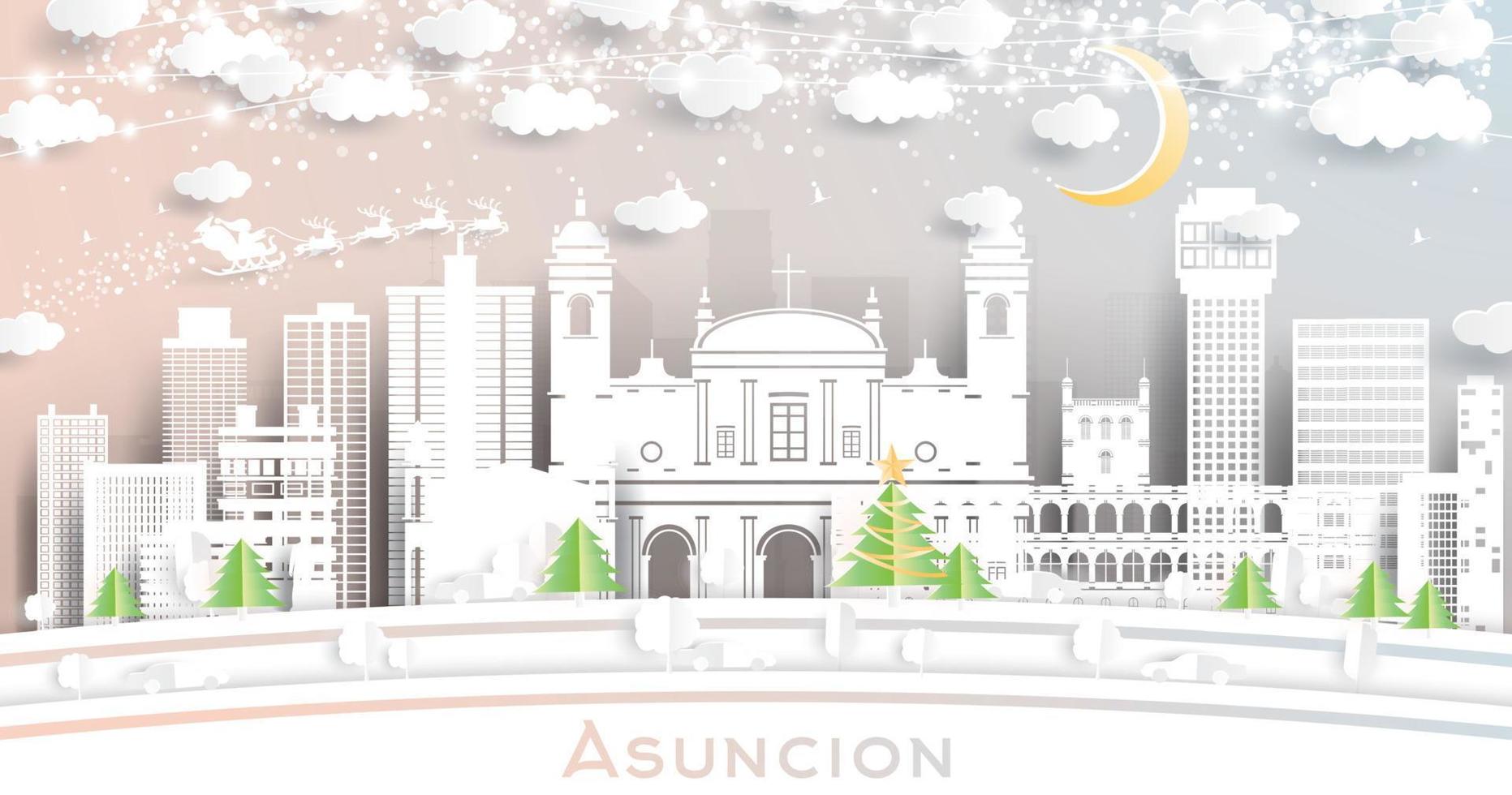 asuncion paraguay city skyline im papierschnittstil mit schneeflocken, mond und neongirlande. vektor
