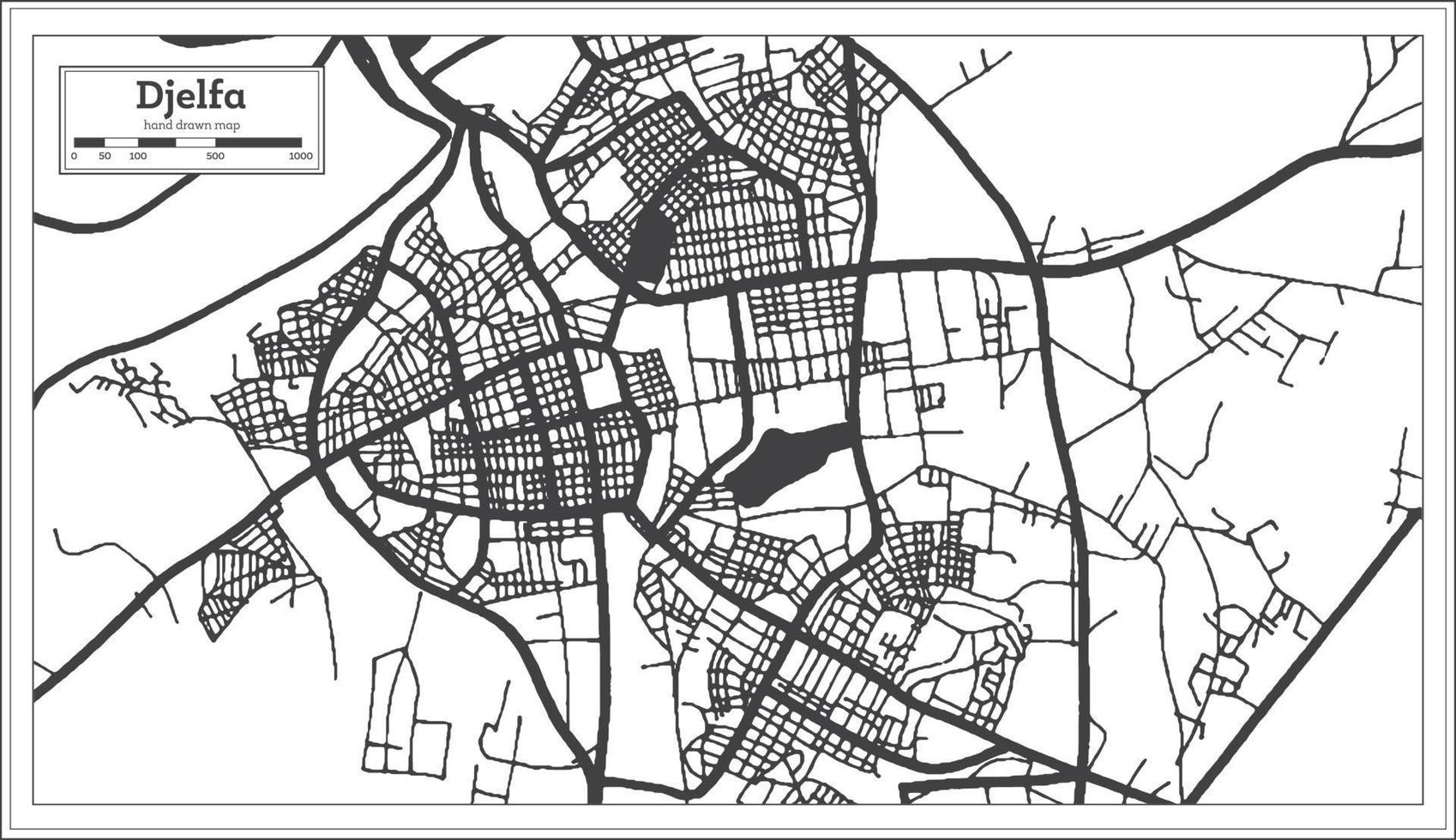 djelfa algerien stadtplan im retro-stil in schwarz-weißer farbe. Übersichtskarte. vektor