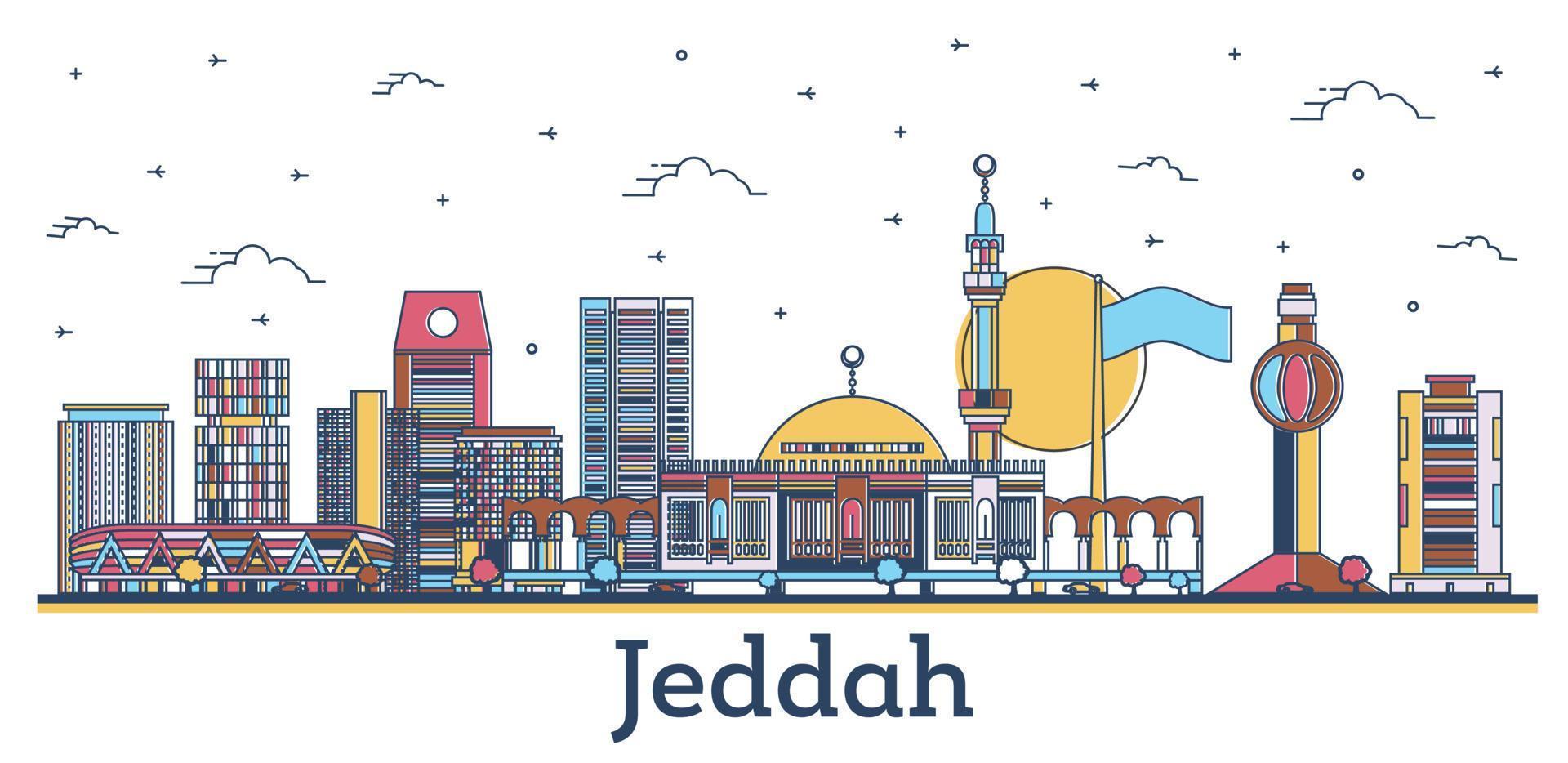skizzieren sie die skyline von jeddah saudi-arabien mit farbigen modernen und historischen gebäuden, die auf weiß isoliert sind. vektor