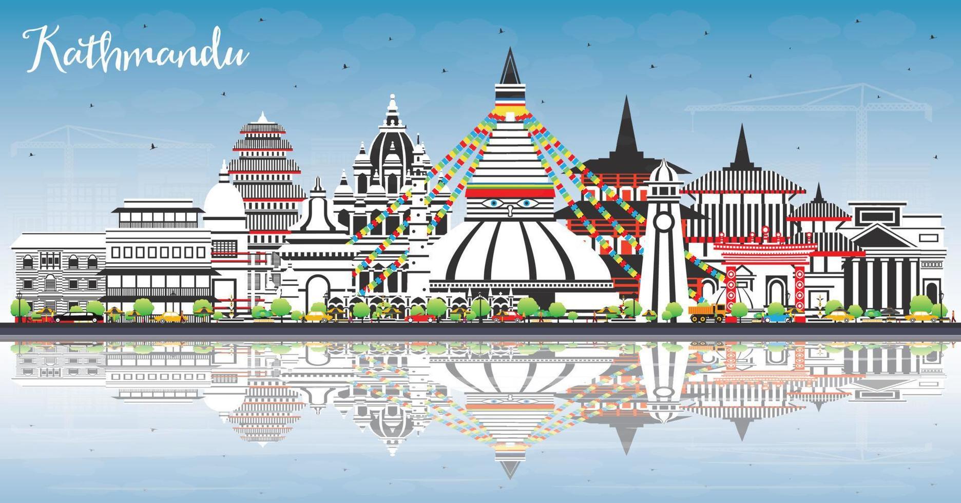 kathmandu nepal stad horisont med Färg byggnader, blå himmel och reflektioner. vektor
