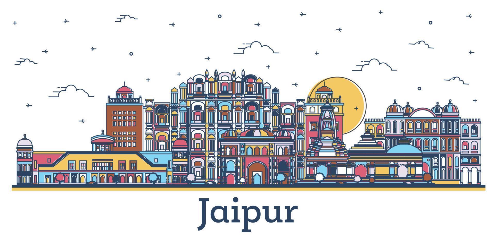 översikt jaipur Indien stad horisont med färgad historisk byggnader isolerat på vit. vektor