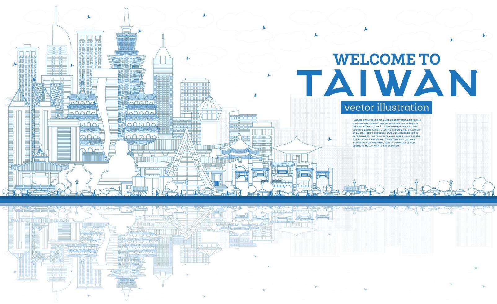 översikt Välkommen till taiwan stad horisont med blå byggnader och reflektioner. vektor