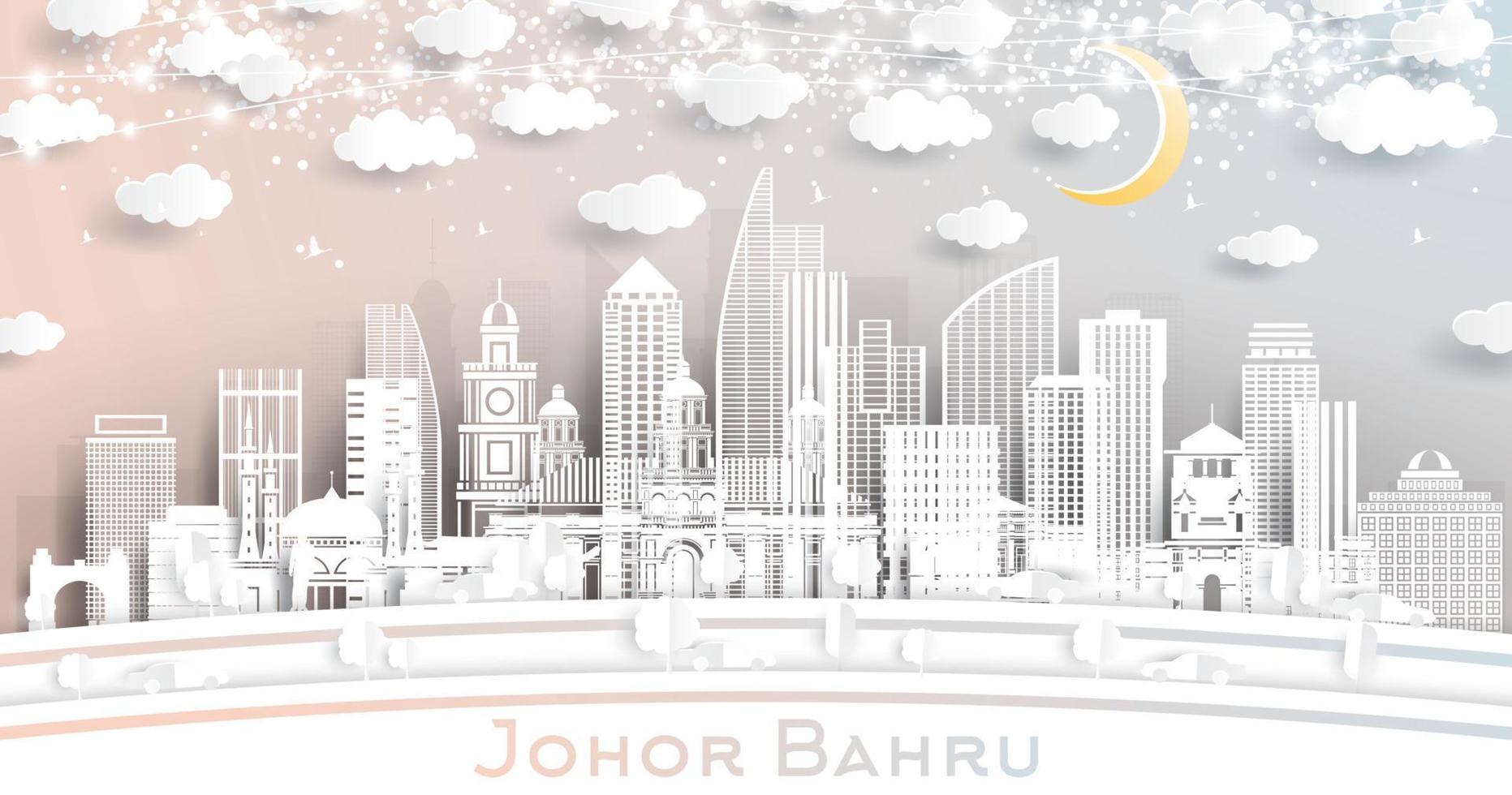 johor bahru malaysia city skyline im papierschnittstil mit weißen gebäuden, mond und neongirlande. vektor