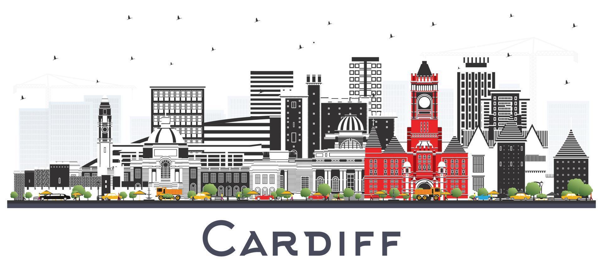 cardiff wales city skyline mit farbigen gebäuden isoliert auf weiß. vektor