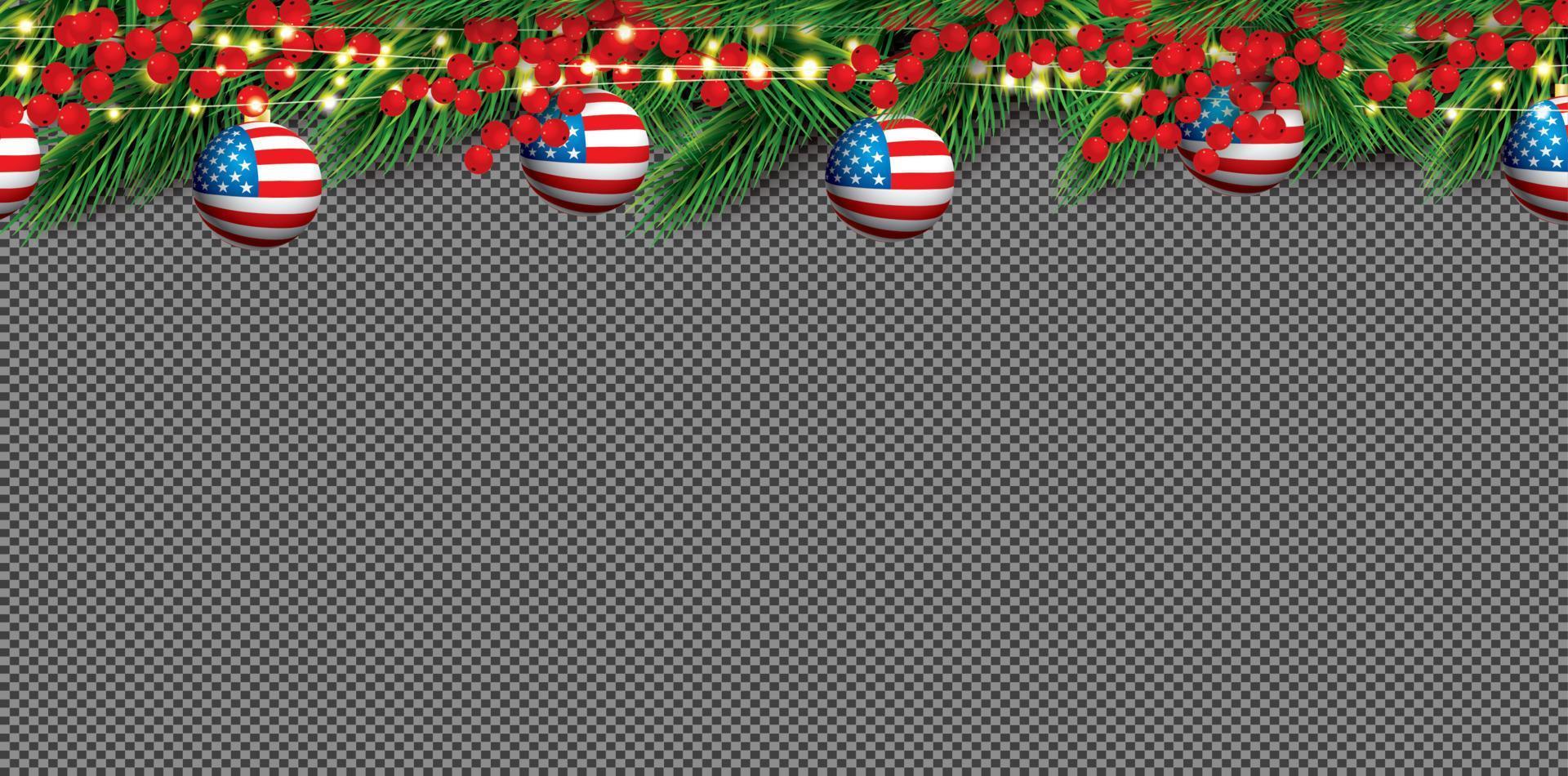 weihnachtsgrenze mit tannenzweigen, stechpalmenbeeren und kugeln mit usa-flagge. vektor
