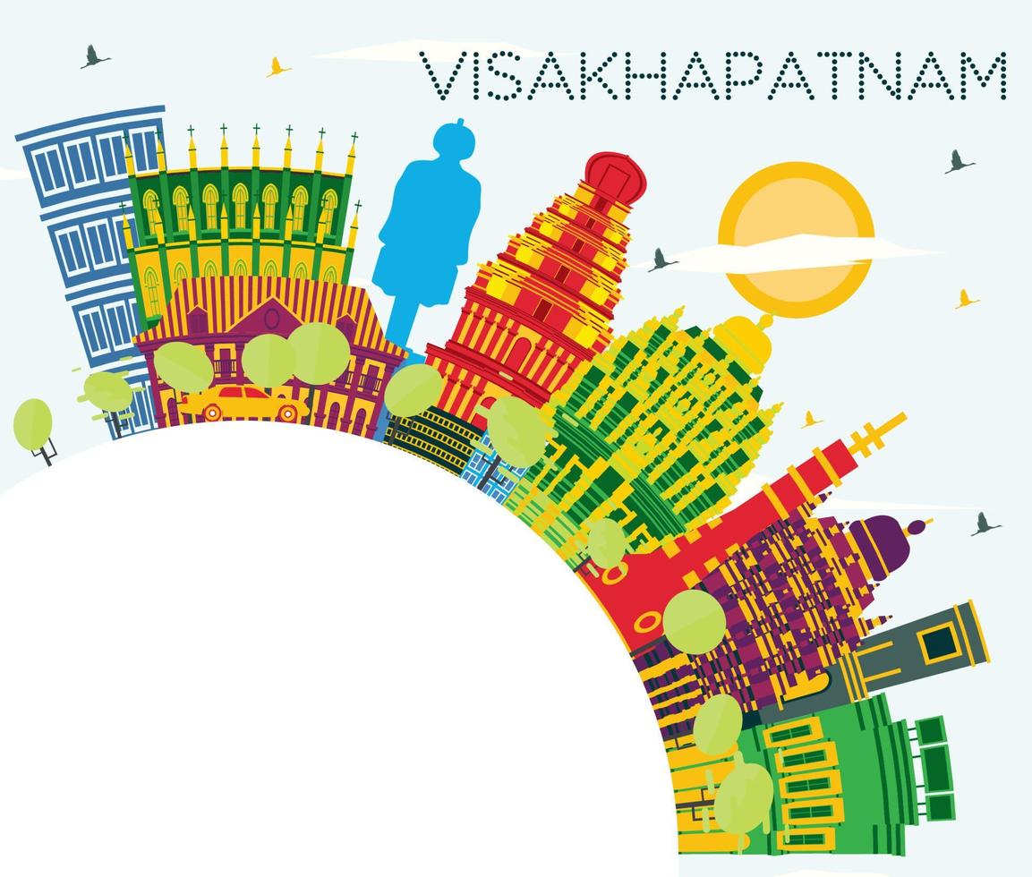 visakhapatnam Indien stad horisont med Färg byggnader, blå himmel och kopia Plats. vektor