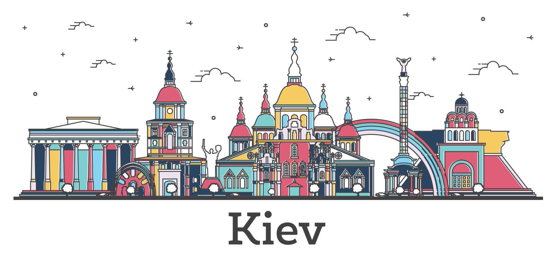 skizzieren sie die skyline der stadt kiew ukraine mit farbigen gebäuden, die auf weiß isoliert sind. vektor