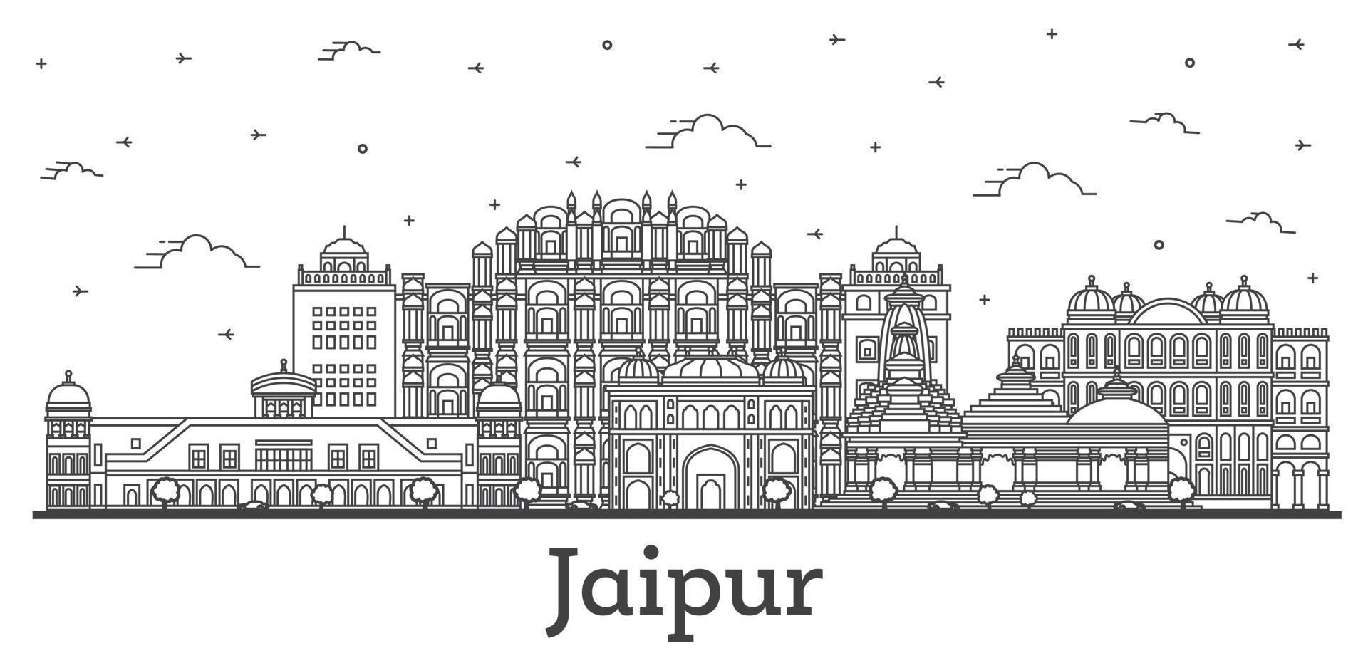 översikt jaipur Indien stad horisont med historisk byggnader isolerat på vit. vektor