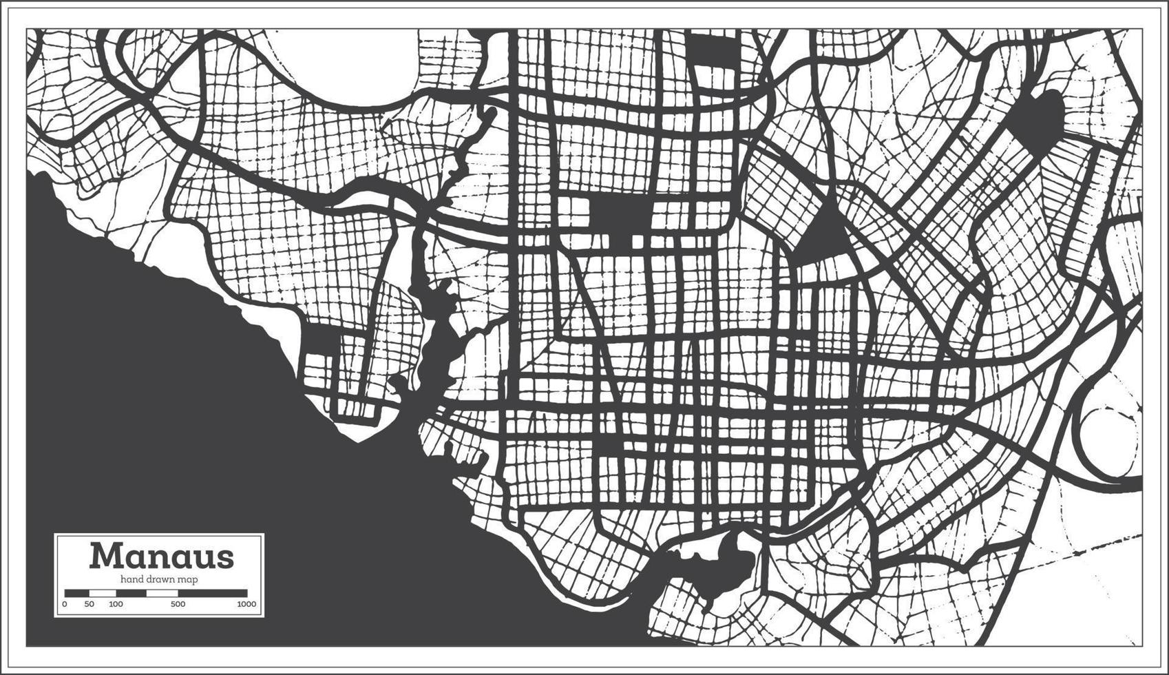 manaus brasilien stadtplan in schwarz-weißer farbe im retro-stil. Übersichtskarte. vektor