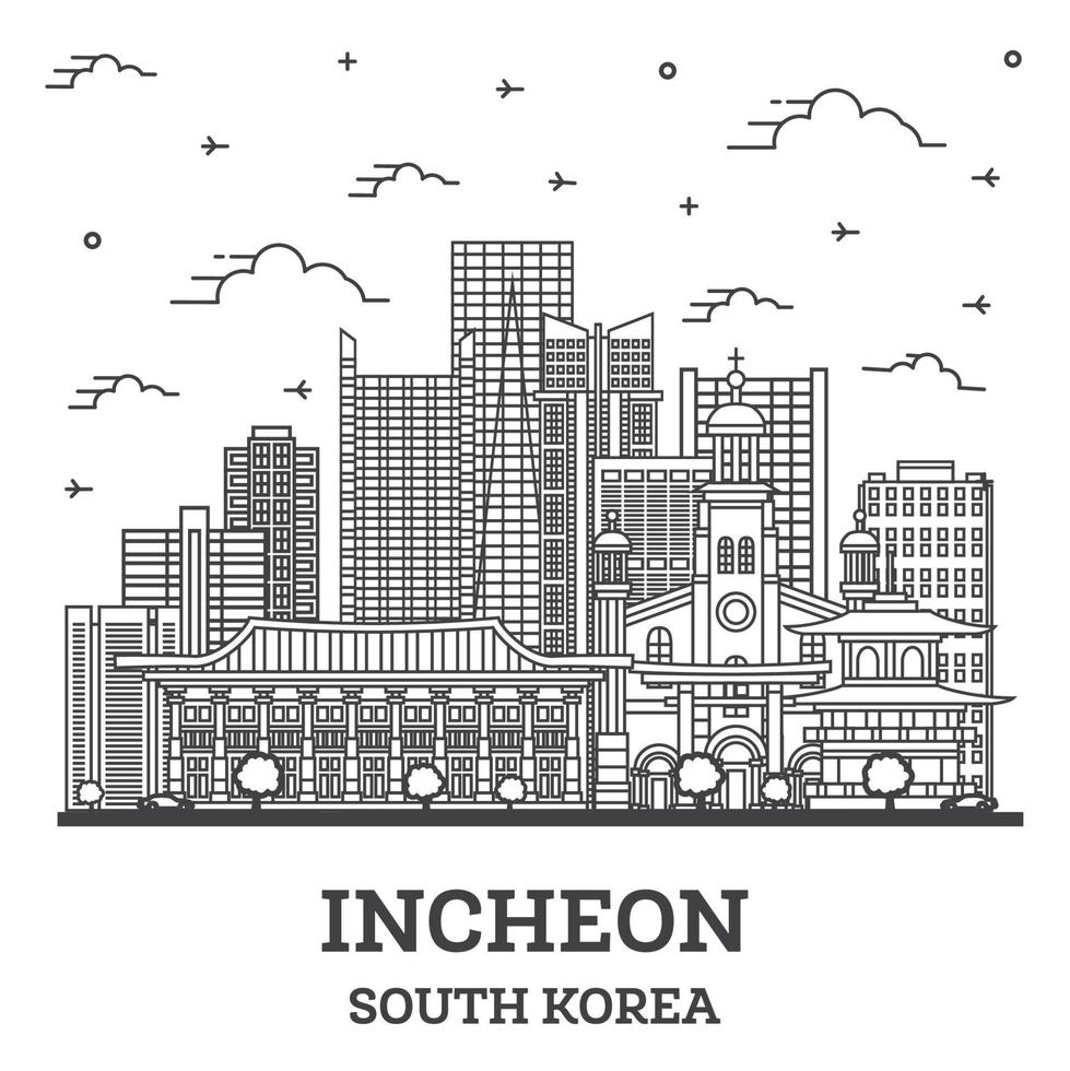 skizzieren sie die skyline von incheon südkorea mit modernen gebäuden, die auf weiß isoliert sind. vektor