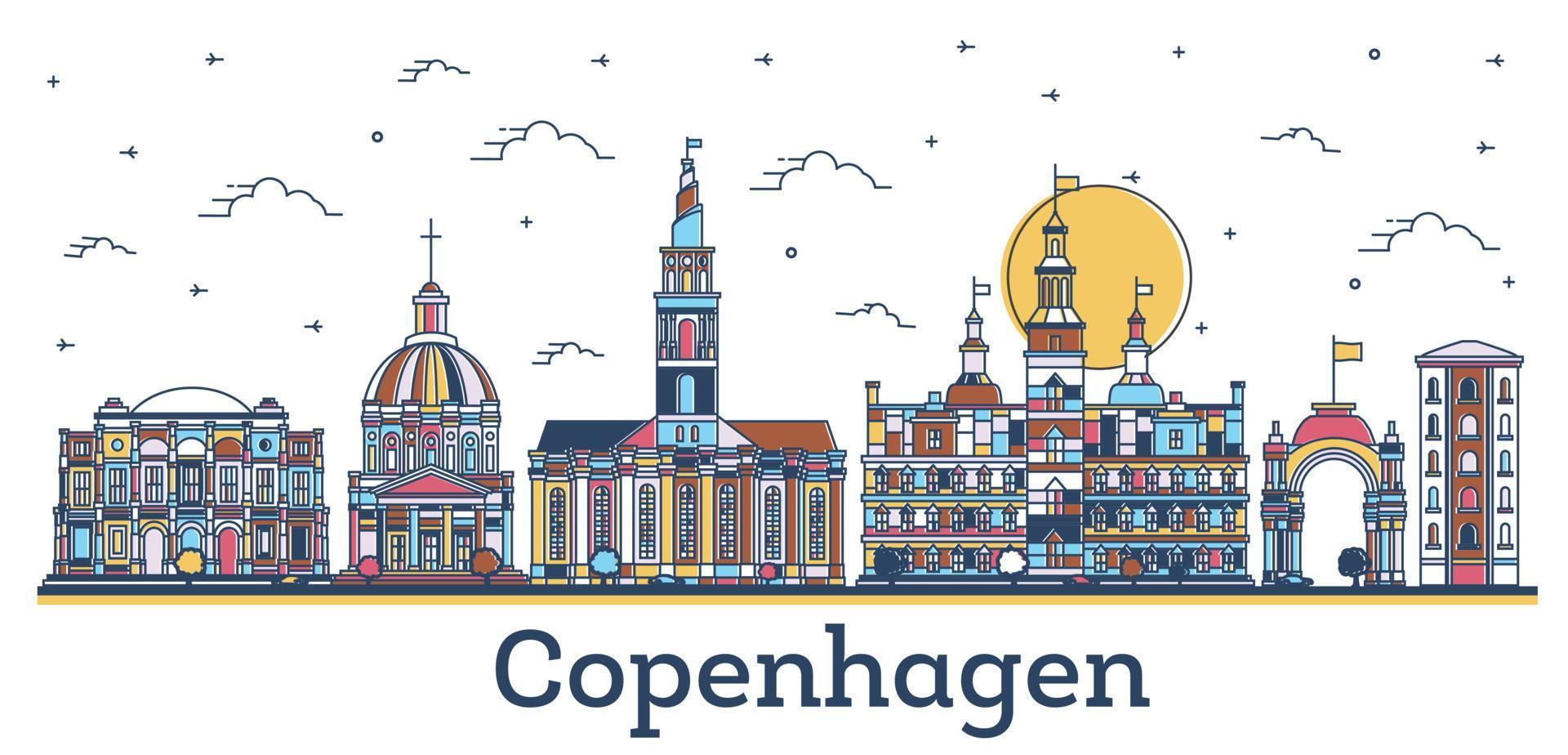 skizzieren sie die skyline von kopenhagen, dänemark, mit farbigen historischen gebäuden, die auf weiß isoliert sind. vektor