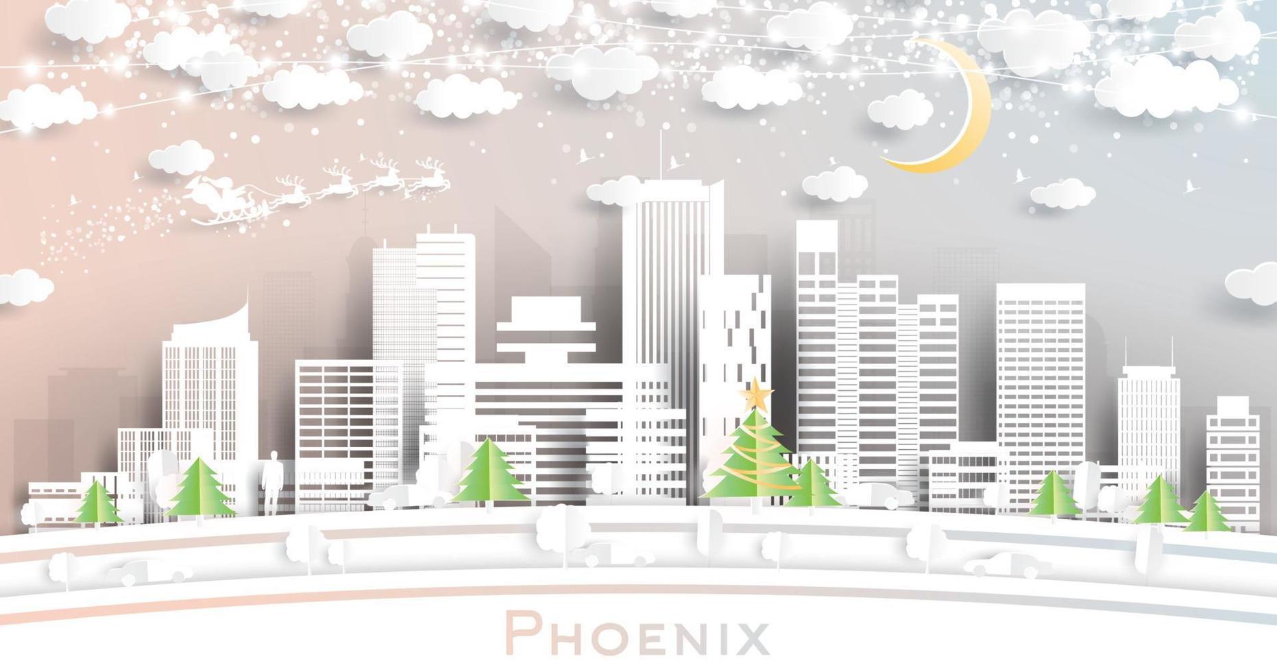 phoenix arizona city skyline im papierschnittstil mit schneeflocken, mond und neongirlande. vektor