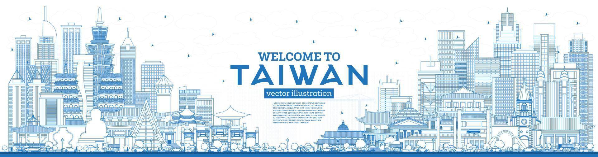 skizzieren sie willkommen in der skyline von taiwan mit blauen gebäuden. vektor