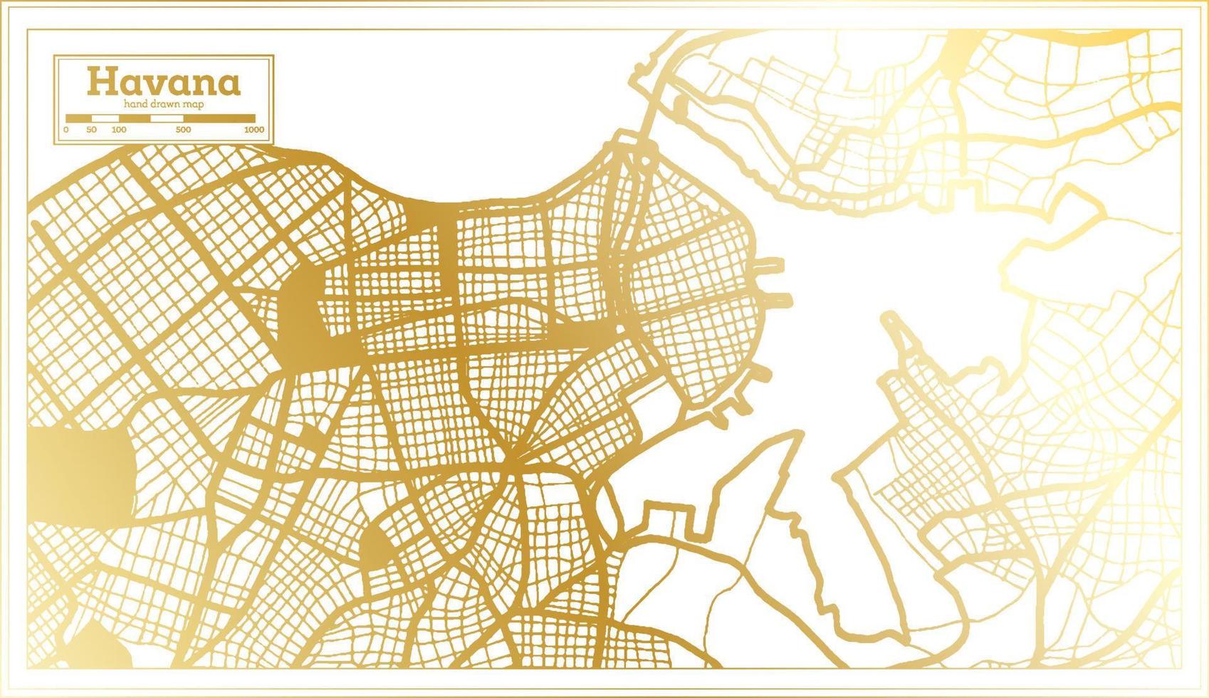 havana kuba stad Karta i retro stil i gyllene Färg. översikt Karta. vektor