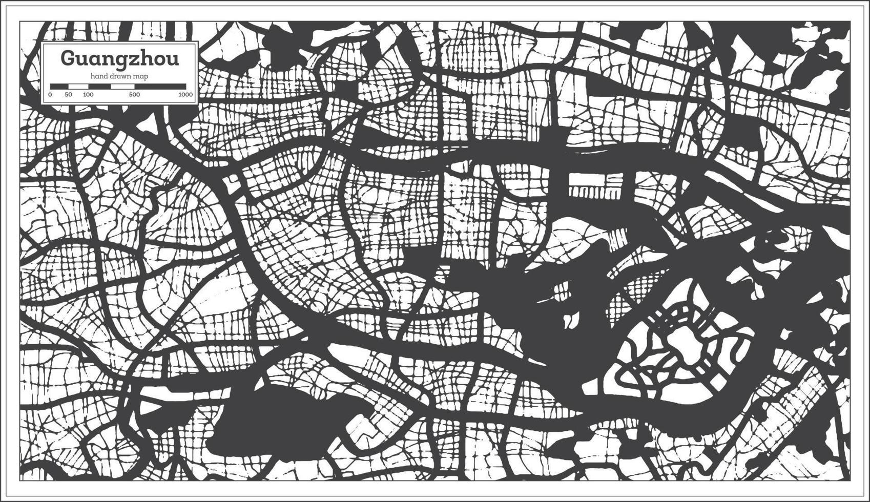 guangzhou Kina stad Karta i svart och vit Färg i retro stil. översikt Karta. vektor