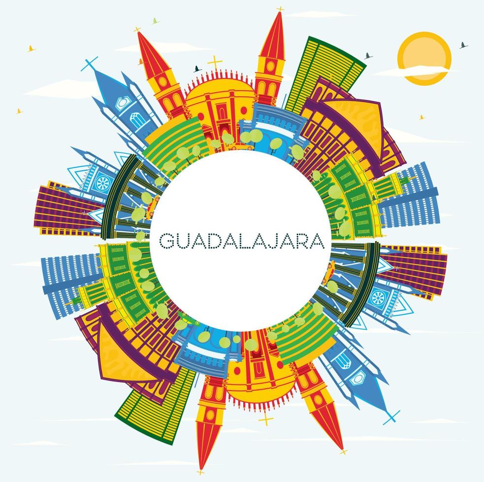 guadalajara mexico stad horisont med Färg byggnader, blå himmel och kopia Plats. vektor