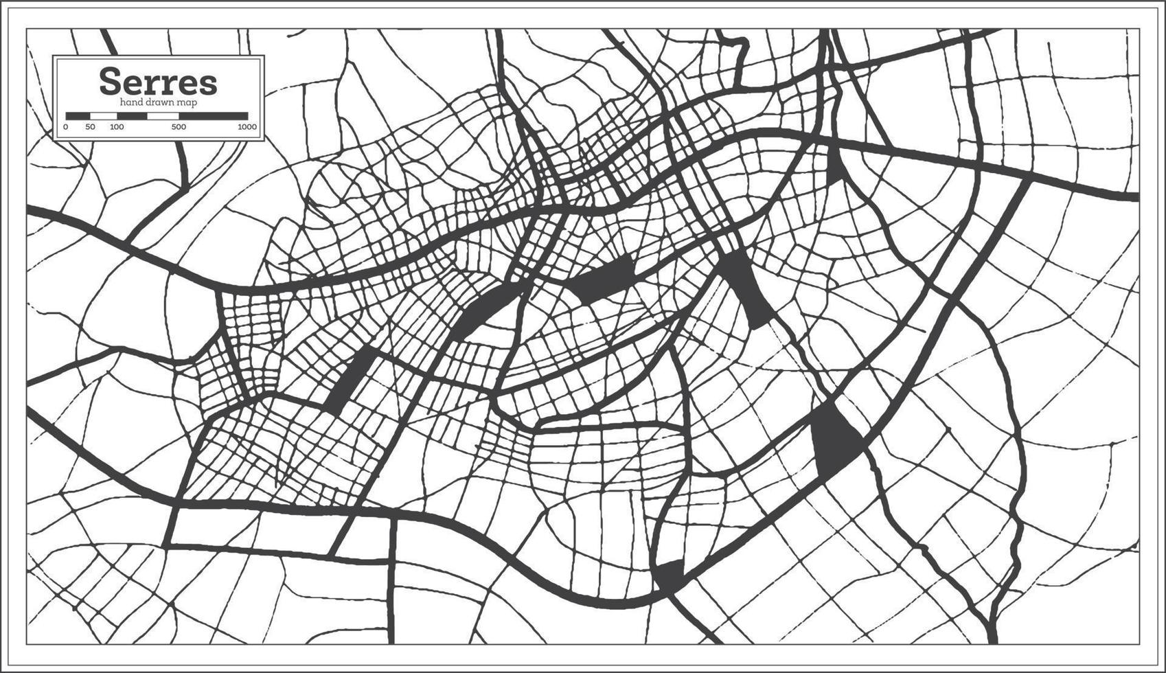 serres grekland stad Karta i svart och vit Färg i retro stil. översikt Karta. vektor