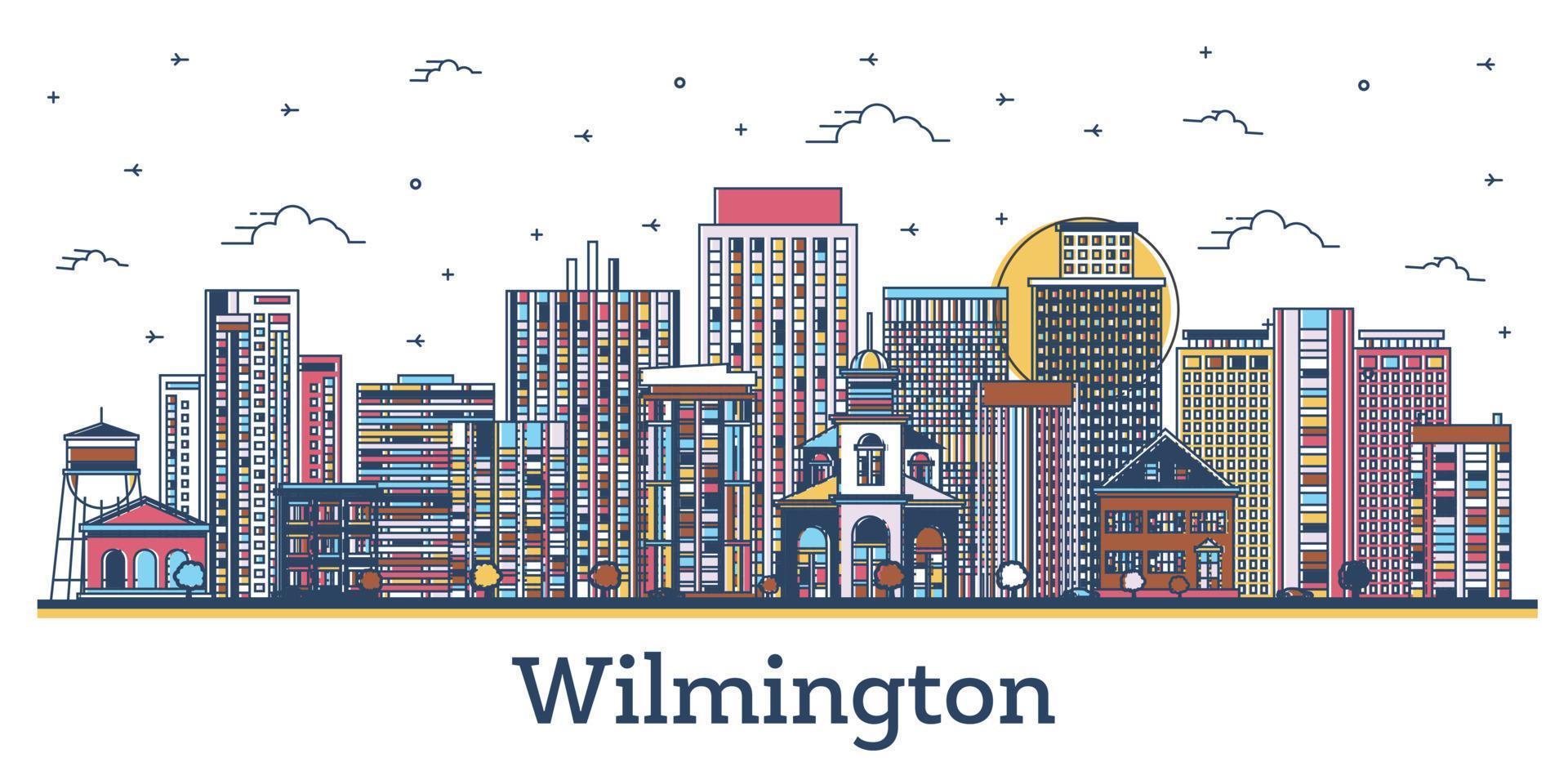 översikt wilmington delaware USA stad horisont med färgad historisk byggnader isolerat på vit. vektor