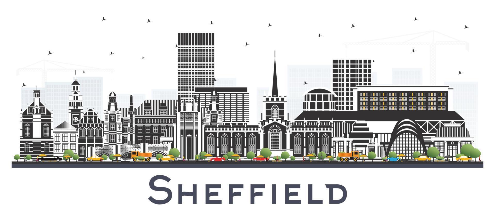 sheffield uk city skyline mit farbigen gebäuden isoliert auf weiß. vektor