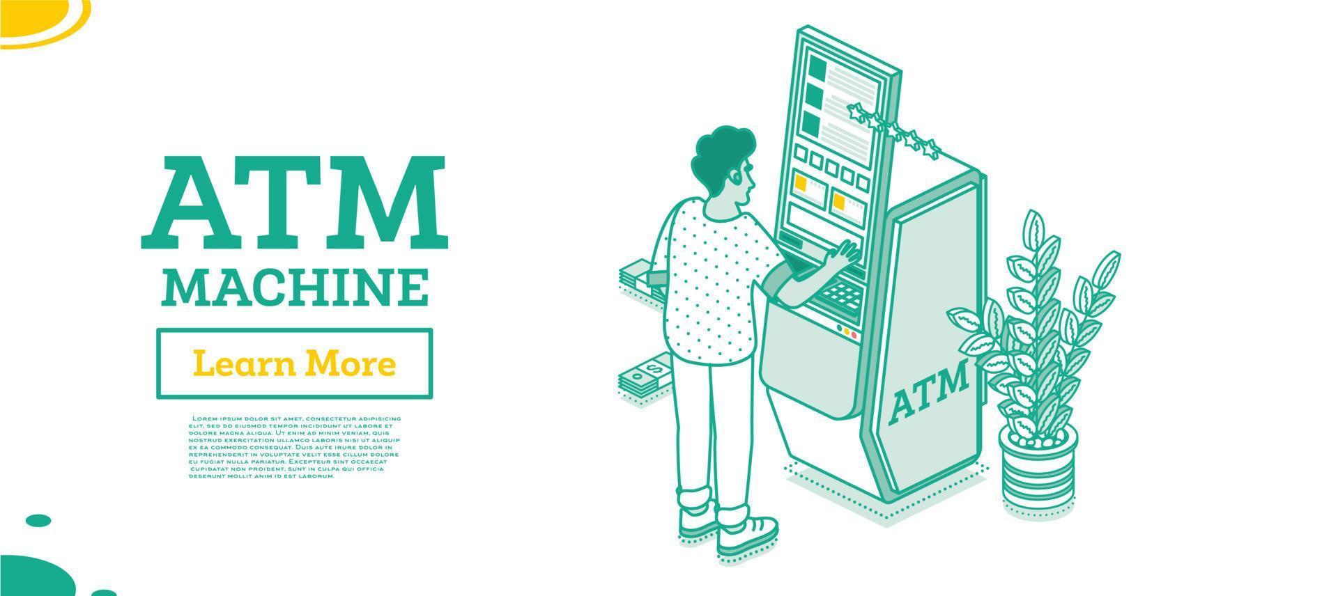 Mann Abhebung Bargeld in modernen Geldautomaten, isoliert auf weiss. isometrisches geschäftskonzept. vektor