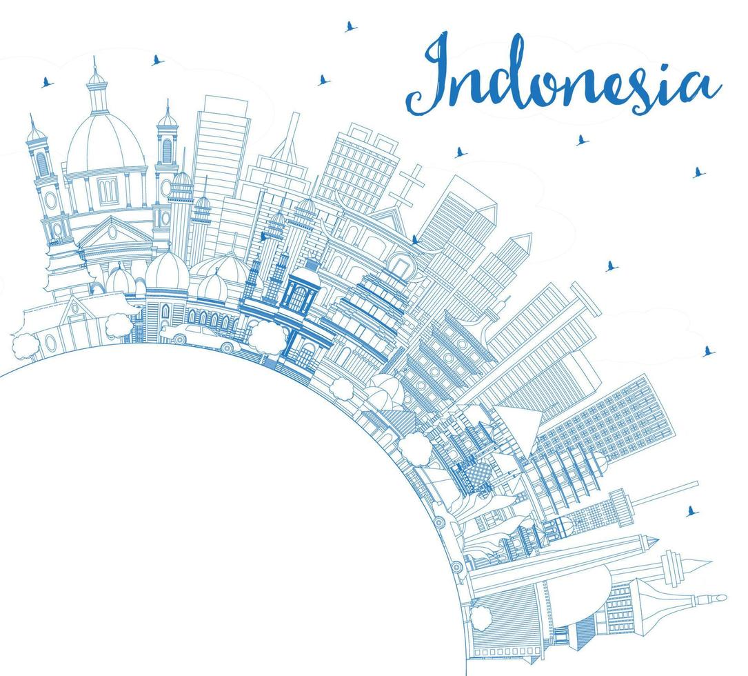 skizzieren sie die skyline von indonesien mit blauen gebäuden und kopierraum. vektor