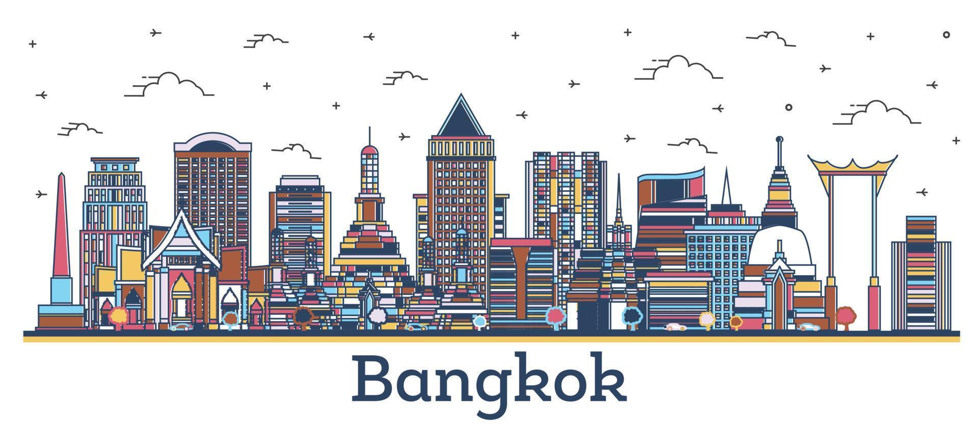 översikt bangkok thailand stad horisont med färgad modern och historisk byggnader isolerat på vit. vektor